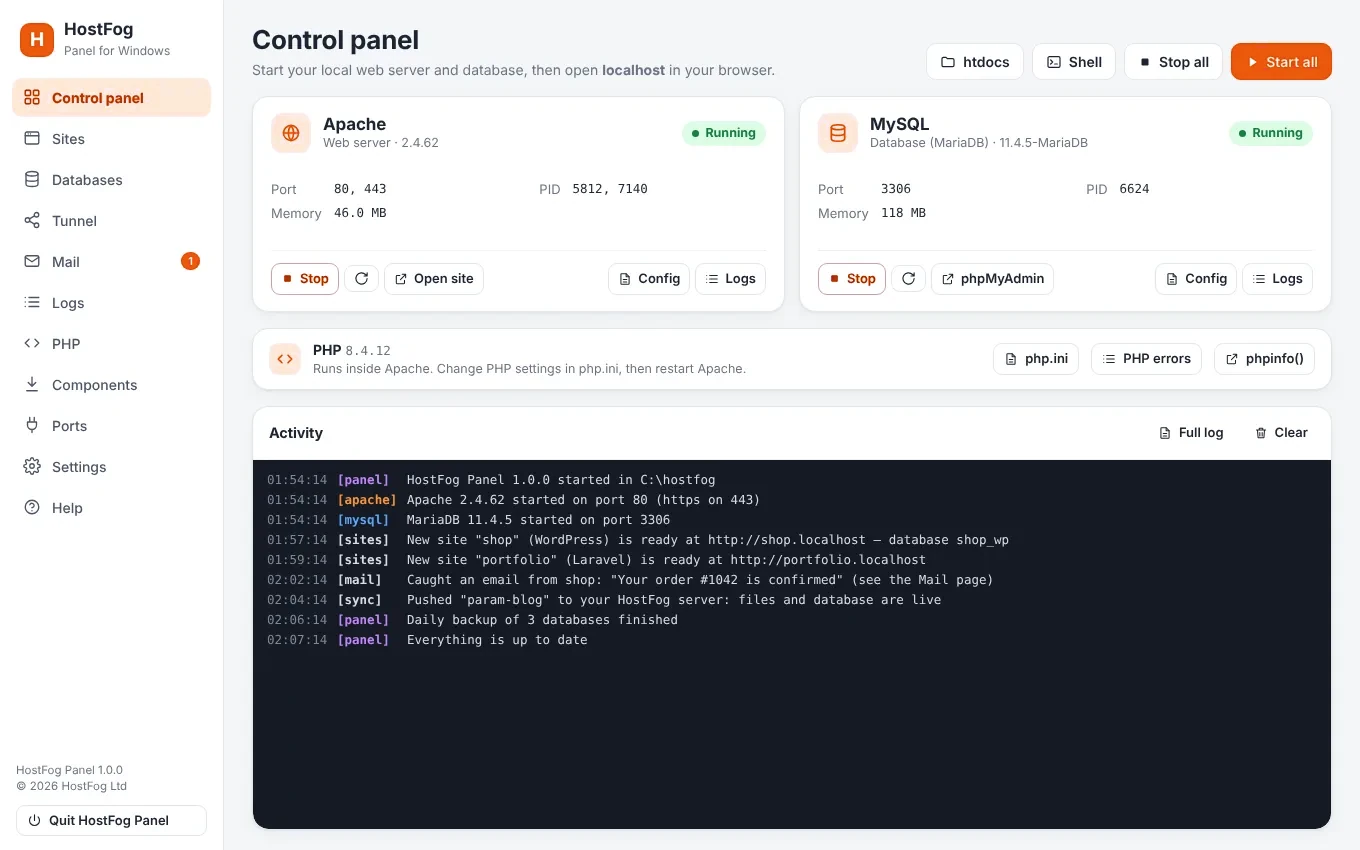 HostFog Panel desktop app: control panel