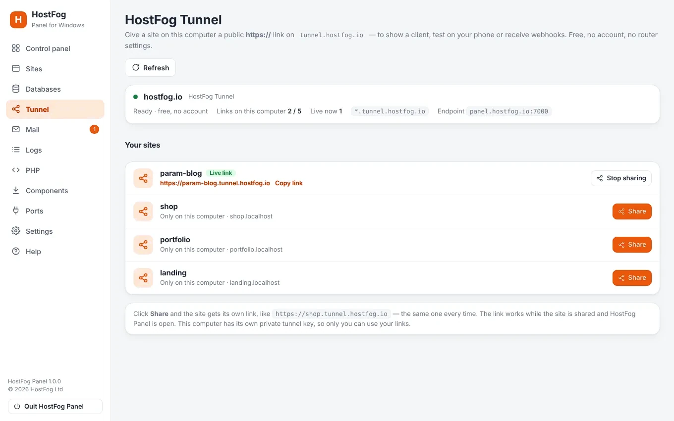 Sharing sites with HostFog Tunnel